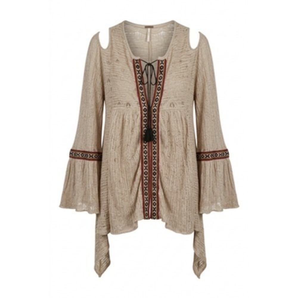 Free People Tunic Top Women S White Cold Shoulder Boho Embroidered Bell Sleeve